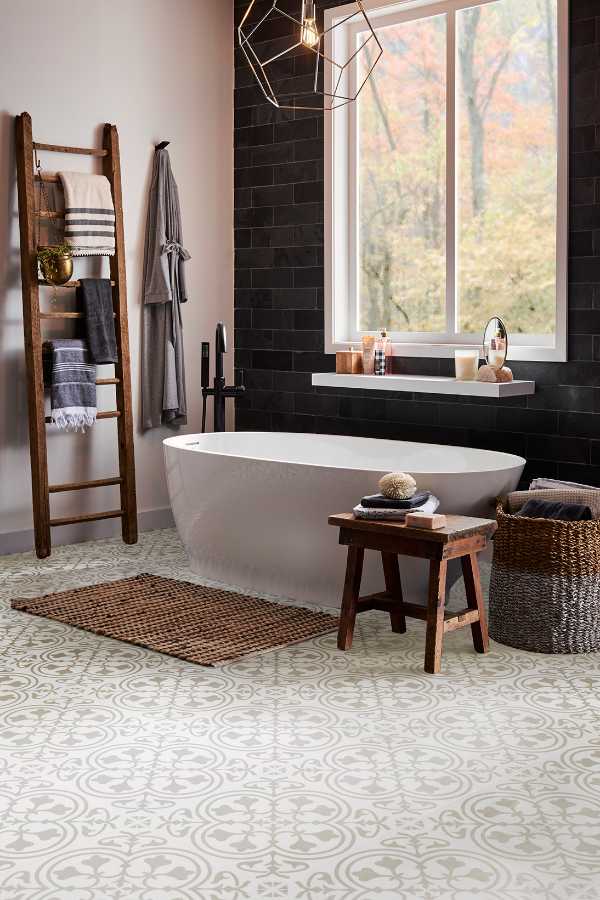 patterned tile in an eclectic bathroom